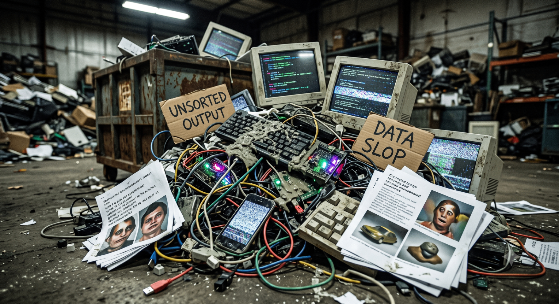 A junkyard of AI slop — broken monitors showing garbled output, warped AI-generated faces on printouts, and cardboard signs reading 'Unsorted Output' and 'Data Slop.'